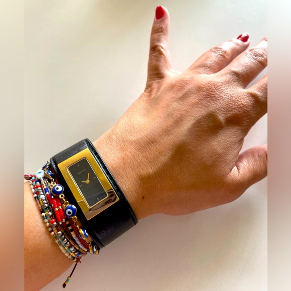 GUCCI 7800S Black Leather 24mm Bangle 18K Gold Plated 24 mm leather bracelet - Picture 1 of 13